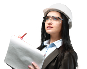 Portrait of beautiful young businesswoman in helmet holding notebook and pen on a white background