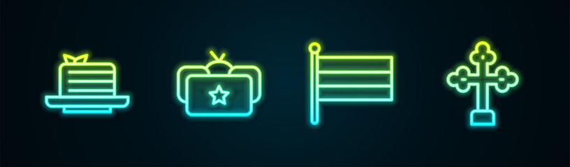 Set line Medovik, Ushanka, National Russia flag and Christian cross. Glowing neon icon. Vector