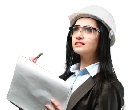 Portrait of beautiful young businesswoman in helmet holding notebook and pen on a white background
