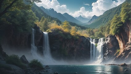 A waterfall in the mountains with a cloudy sky in the background. wallpaper landscape 