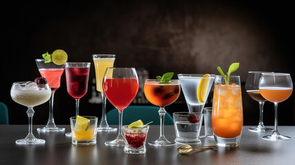 Cocktails Glasses on the bar counter stand in a row, the background of the dark bar stand, fresh alcoholic cocktails