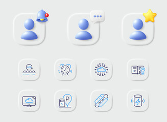 Engineering documentation, Cloud network and Hotdog line icons. Placeholder with 3d star, reminder bell, chat. Pack of Charging station, Charge battery, Time management icon. Vector