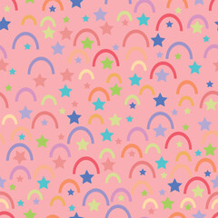Vector abstract parts of rainbows and stars repeating pattern background.