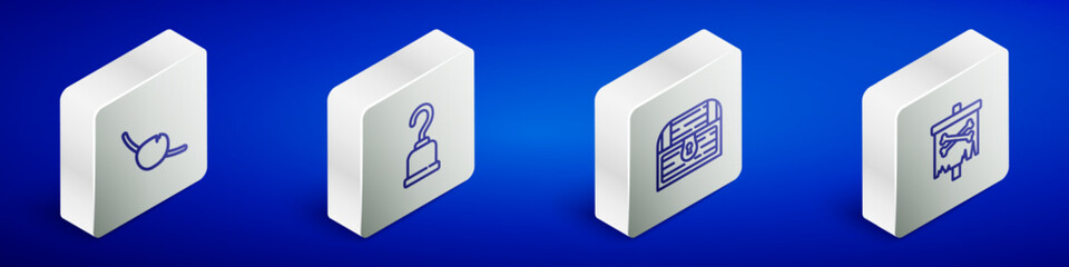 Set Isometric line Pirate eye patch, hook, Antique treasure chest and flag icon. Vector