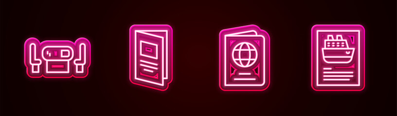 Set line Poker table, Brochure, Passport and Cruise ship. Glowing neon icon. Vector