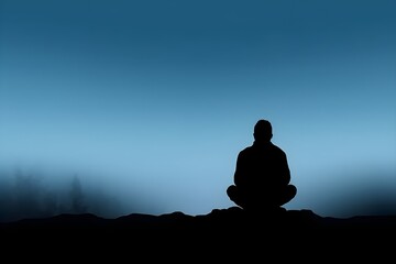 Background of silhouette of a person meditating. Wallpaper illustration. Rear view with copy space for text information or content. Concept of meditation, yoga. Generative AI.