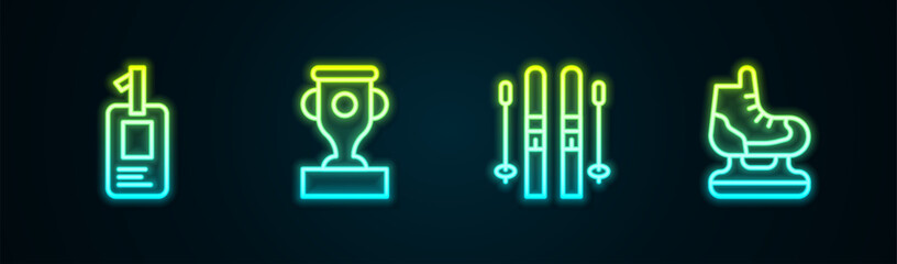 Obraz na płótnie Canvas Set line Identification badge, Award cup, Ski and sticks and Skates. Glowing neon icon. Vector