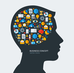 Creative concept of Business Development. Vector illustration. Man silhouette with Business icons and symbols in his head. Brainstorming process. Business Idea Generation.