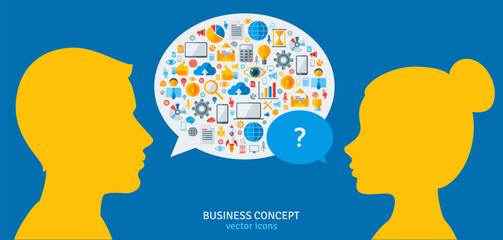 Management Process Concept. Vector Illustration. Man and Woman Heads with Speech Bubbles. Conversation and Solving Problems Concept. Business Idea Development.