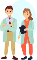 Smiling doctor and nurse illustration in color cartoon style. Editable vector graphic design.