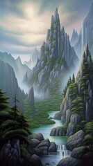 landscape with fog over mountains, generated Ai