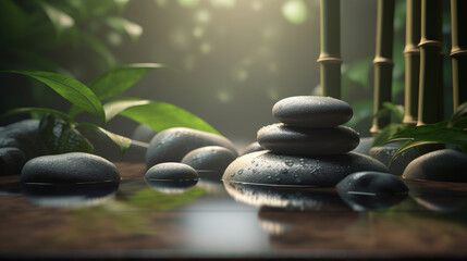 Spa still life with stacked of stone and bamboo leaf. AI generated