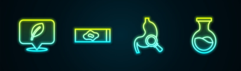 Fototapeta premium Set line Location with leaf, Blood test and virus, Stomach magnifying glass and Test tube flask. Glowing neon icon. Vector