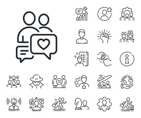 Fototapeta premium Love chat symbol. Specialist, doctor and job competition outline icons. Couple communication line icon. Valentines day sign. Dating chat line sign. Avatar placeholder, spy headshot icon. Vector