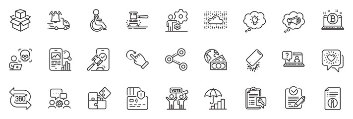 Fototapeta na wymiar Icons pack as Puzzle, Rfp and Technical info line icons for app include Spanner, Inflation, Smartphone broken outline thin icon web set. Delivery notification, Faq, Packing boxes pictogram. Vector