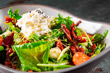 Sun dried tomatoes Salad with fresh vegetables mix and cheese on plate