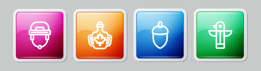 Set line Hockey helmet, Bottle of maple syrup, Acorn and Canadian totem pole. Colorful square button. Vector