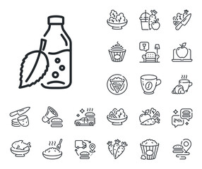 Soda aqua drink sign. Crepe, sweet popcorn and salad outline icons. Water bottle line icon. Mint leaf symbol. Water bottle line sign. Pasta spaghetti, fresh juice icon. Supply chain. Vector