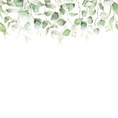 Eucalyptus green leaf seamless border. Watercolor floral illustration. Background for wedding invitations, greetings, wallpapers, postcards