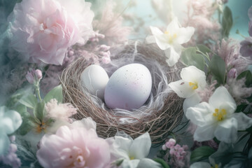 Close up of bird's nest with two eggs with a branches of pastel pink and white and lemon flowers. Generative ai.