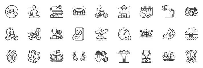 Icons pack as Dumbbells workout, Bike timer and Winner cup line icons for app include Fish, Bike path, Leadership outline thin icon web set. Arena stadium, Dumbbells, Reward pictogram. Vector