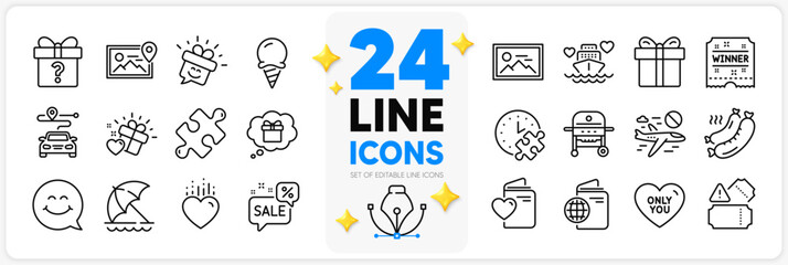 Icons set of Travel passport, Tickets and Puzzle line icons pack for app with Discounts bubble, Photo, Journey thin outline icon. Ice cream, Secret gift, Gift box pictogram. Vector