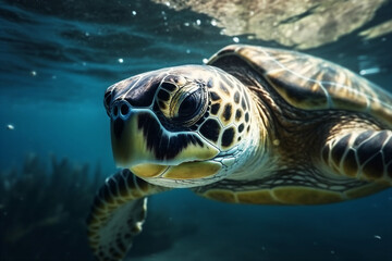 Close Up portrait of happy sea turtle swimming underwater. AI generated.