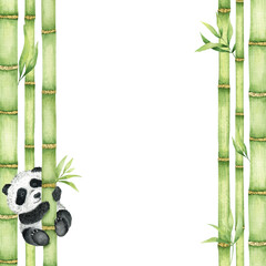 Panda on a bamboo. stems and leaves of bambook. Frame of bamboo. Greenery bamboo. Watercolor illustration, hand-drawn. Isolated on white background.