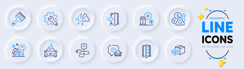 Entrance, Fuel price and Lightning bolt line icons for web app. Pack of Packing boxes, Filling station, Car charging pictogram icons. Open door, Brush, Charging parking signs. Vector