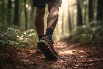 Fototapeta na wymiar Close up image of trail runner man walking on forest. AI generated