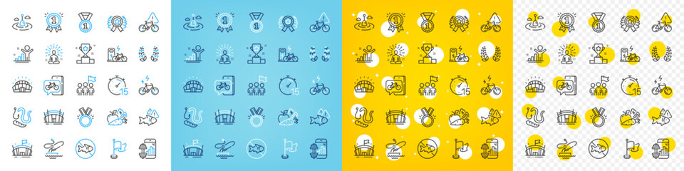 Vector icons set of Bike app, E-bike and Winner line icons pack for web with Stop fishing, Yoga, Winner cup outline icon. Fish, Bike attention, Boat fishing pictogram. Sports stadium. Vector