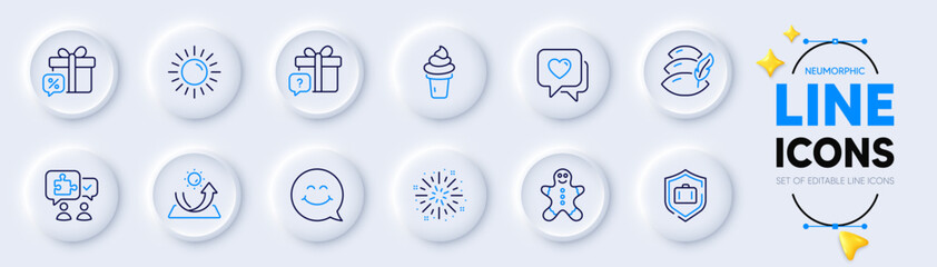Fireworks explosion, Heart and Ice cream line icons for web app. Pack of Pillow, Luggage protect, Puzzle pictogram icons. Secret gift, Sale gift, Smile face signs. Sun, Sun protection. Vector