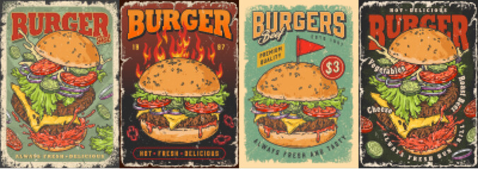 Burger time set flyers colorful