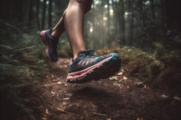 Close up image of trail runner woman walking on forest. AI generated