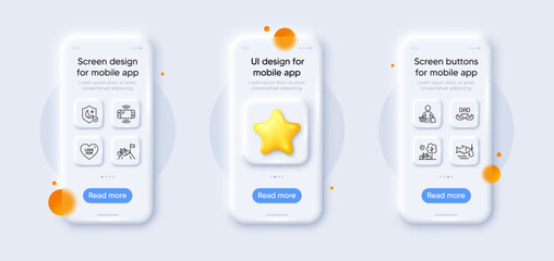 Father day, Game console and Guard line icons pack. 3d phone mockups with star. Glass smartphone screen. Fishing, Mountain bike, Buyer web icon. Love him, Bicycle pictogram. Vector