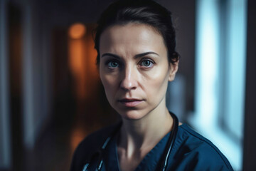Fototapeta premium Female doctor portrait in hospital hallway. Generative AI