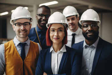 Smiling group international construction engineers in office. Building, construction worker concept. Generative AI
