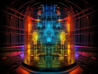 Futuristic abstract image of thermonuclear reactor created with Generative AI technology.