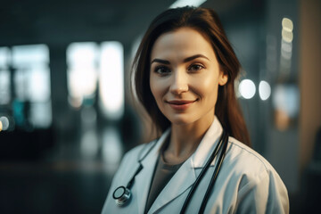 Smiling female doctor portrait in hospital. Generative AI