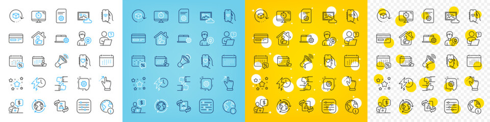 Vector icons set of Photo cloud, Calendar tax and Credit card line icons pack for web with Person idea, Accounting, Dating app outline icon. Internet, Touchscreen gesture. Vector
