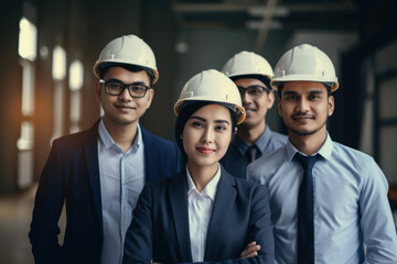 Smiling group international construction engineers in office. Building, construction worker concept. Generative AI