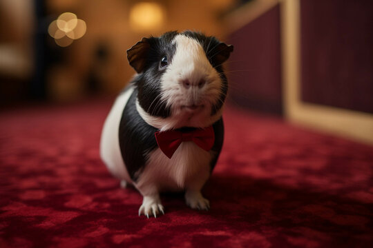 Photo of guinea pig at a red carpet wearing a tuxedo. Animal influencer.