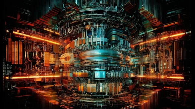 Futuristic abstract image of thermonuclear reactor created with Generative AI technology. © aigarsr