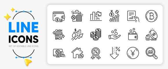 Coins, Donation money and Decreasing graph line icons set for app include Cashback card, Bitcoin, Salary outline thin icon. Document, Loan house, Discount medal pictogram icon. Vector