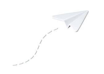 3d render paper plane icon - white airplane travel fly illustration, tourism symbol for template and message send idea
