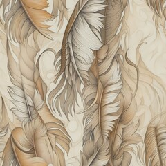 Seamless boho design with feathers, monochrome beige and orange colors, intricate shapes and details, AI generative background
