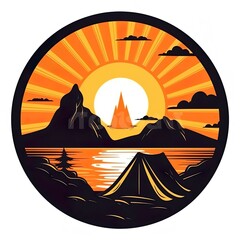 Camping tent in dark forest at night, AI generative flat illustration in orange, white and black colors