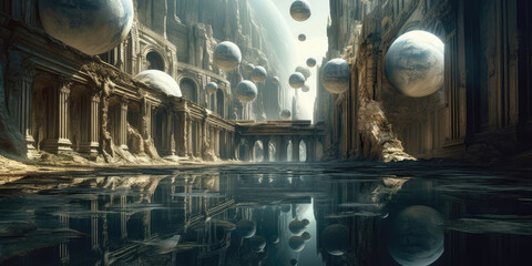 Fantastic and majestic ancient ruins with drifting spheres, digital illustration, AI generated