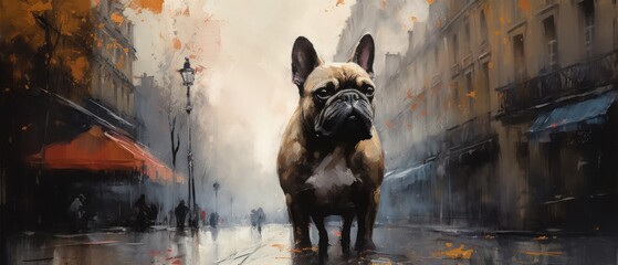 Dapper French bulldog out and about exploring the wet and rainy gloomy weather urban streets of Paris, panoramic portrait, blurred background - generative AI