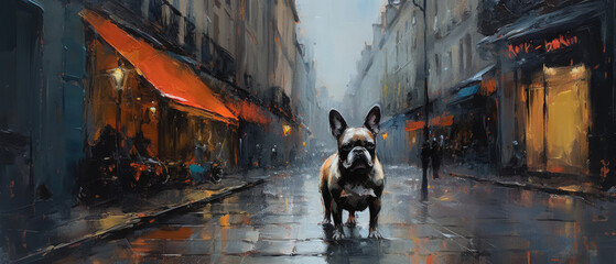 Dapper French bulldog out and about exploring the wet and rainy gloomy weather urban streets of Paris, panoramic portrait, blurred background - generative AI